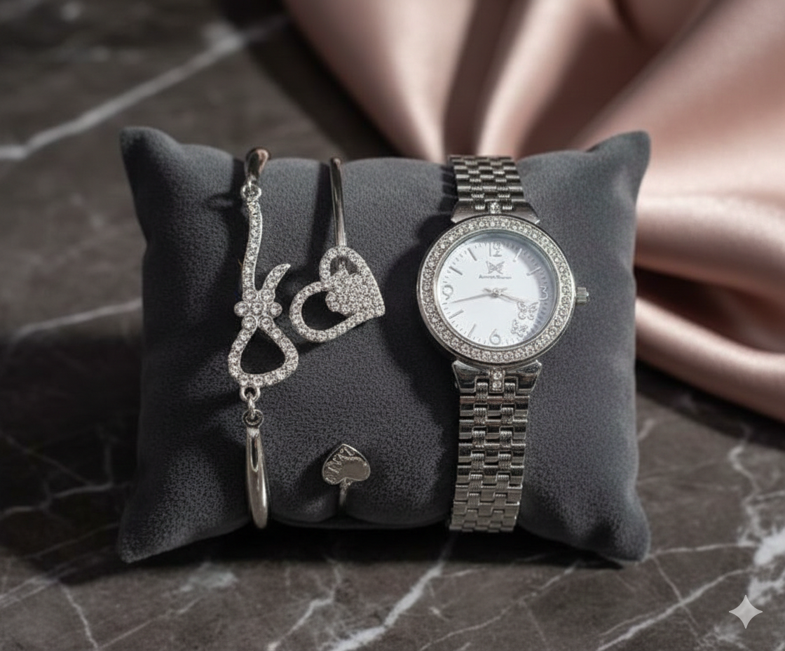 Luxury Silver-Tone Women’s Watch & Matching Crystal Bracelet Set