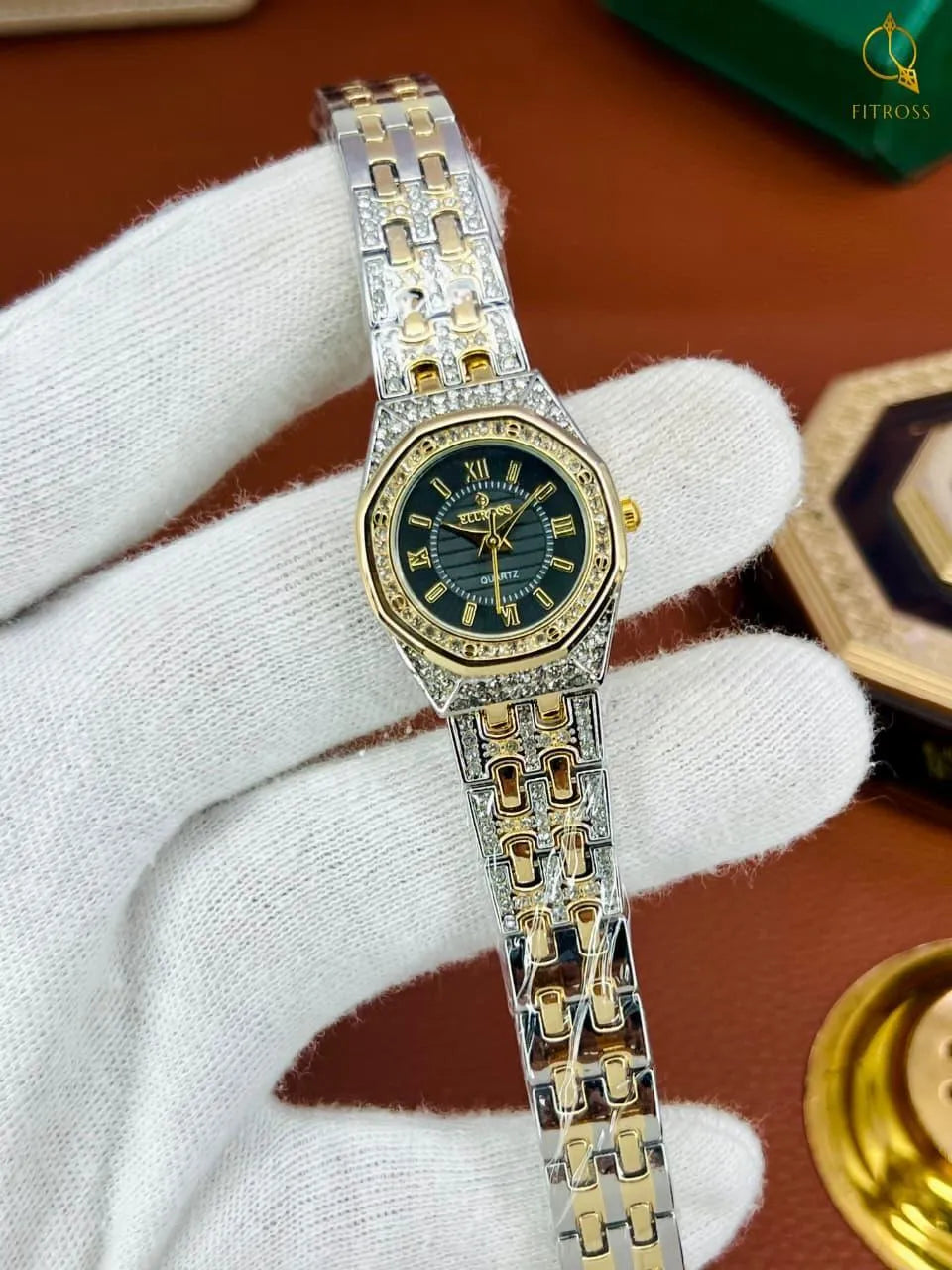 Fitross Women’s Two-Tone Crystal Watch – Rose Gold & Silver Luxury Timepiece