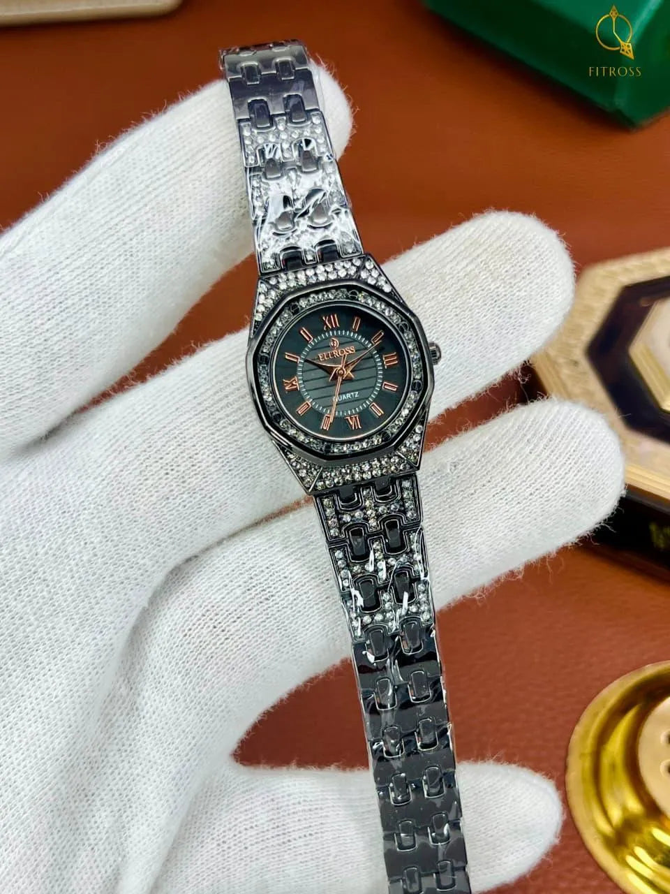 Fitross Women’s Two-Tone Crystal Watch – Rose Gold & Silver Luxury Timepiece