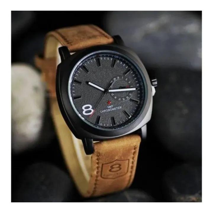 Men’s Classic Black Dial Watch with Brown Leather Strap